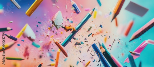 Exploding Colored Pencils Creative Abstract Art. back to shcool concept background design. Shattered Art Pencils
