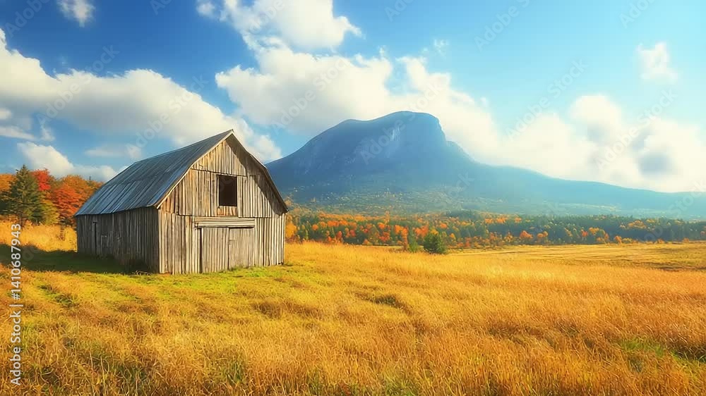 Rustic barn in golden field with mountain backdrop Rustic barn in golden field with mountain backdrop