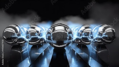 A futuristic arrangement of reflective spheres connected by glowing lines in a dark, misty environment.