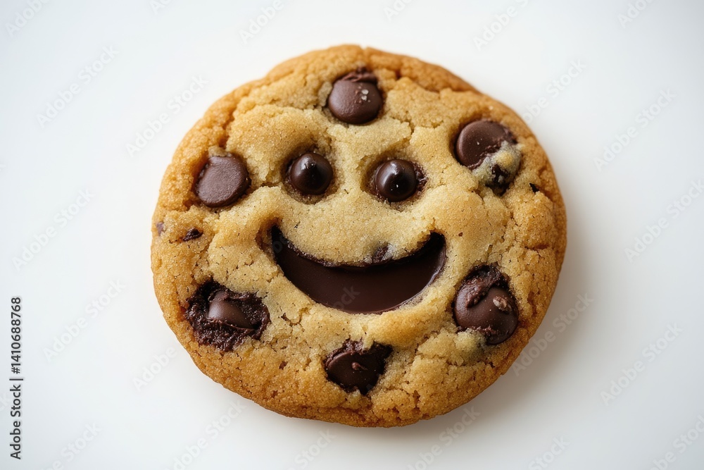 A happy face is made on a delicious chocolate chip cookie using chocolate chips and melted chocolate. A happy face is made on a delicious chocolate chip cookie using chocolate chips and melted chocolate.