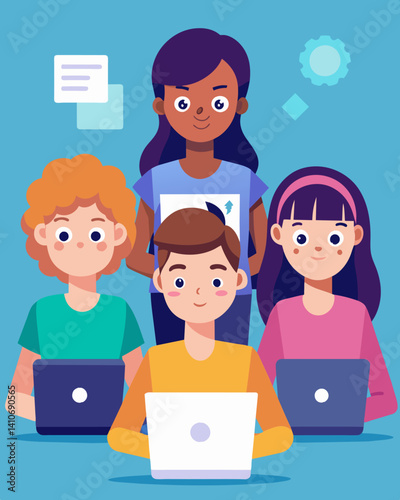 A team of teenage boys and girls sit in front of their laptops tackling coding challenges in a race against time during the coding olympiad. They stay focused and calm under. Vector illustration