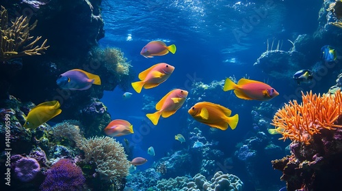 Vibrant Coral Reef Fish: A school of colorful tropical fish swim amidst a vibrant coral reef, showcasing the beauty and biodiversity of the underwater world.