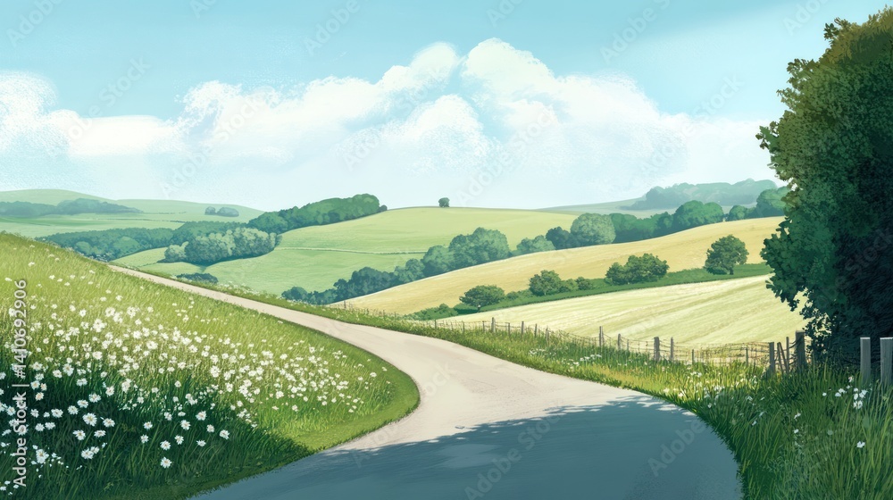 Fototapeta premium An idyllic rural landscape scene depicting a winding road and fields