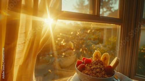 Nourishing breakfast bowl featuring granola, berries, banana, and almond milk on a white table photo