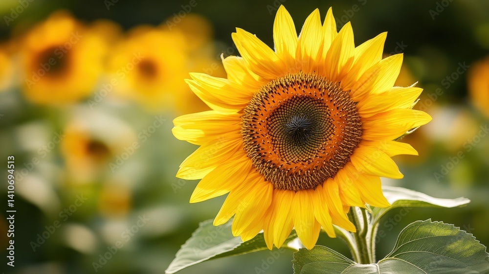 Fototapeta premium A vibrant sunflower in a field of golden blooms.