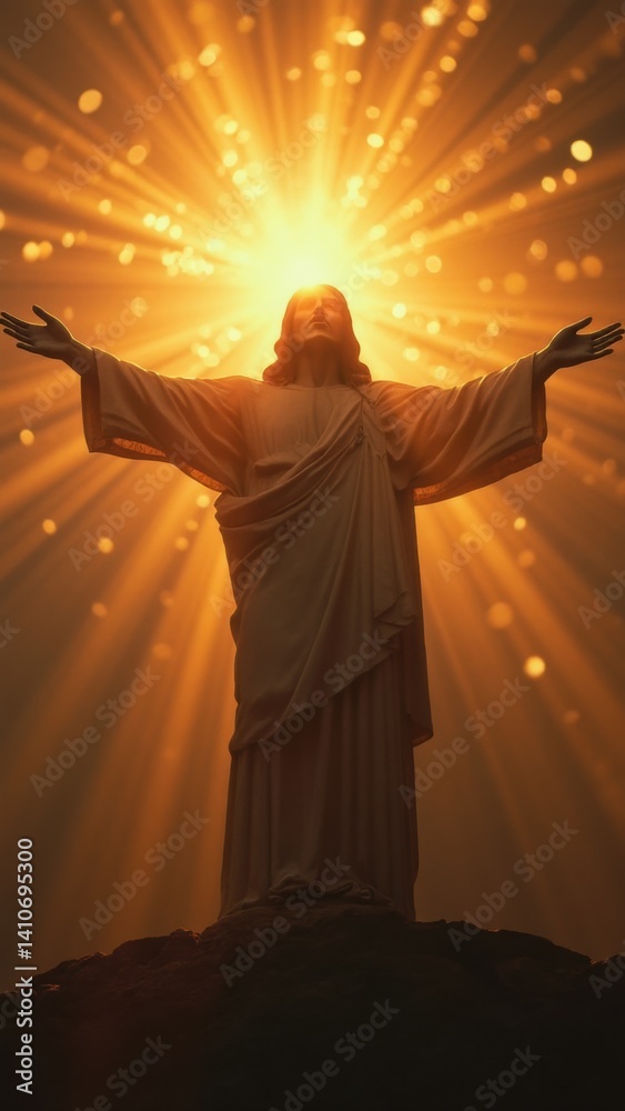 Statue of Jesus Christ is shown in a golden light, with his arms outstretched. Concept of peace and hope