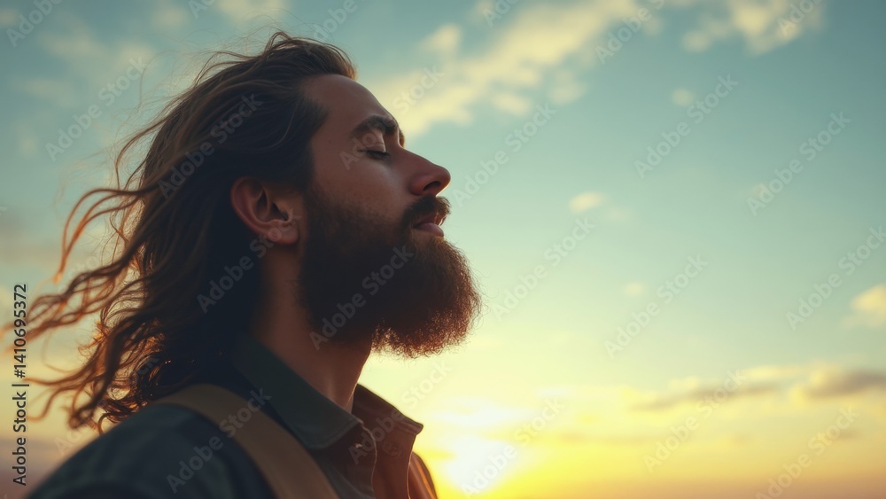 Man with a beard and long hair is looking up at the sky. The sky is blue and the sun is setting. The man is in a peaceful and contemplative mood