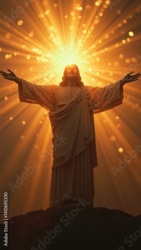 Obraz na płótnie Statue of Jesus Christ is shown in a golden light, with his arms outstretched. Concept of peace and hope w salonie