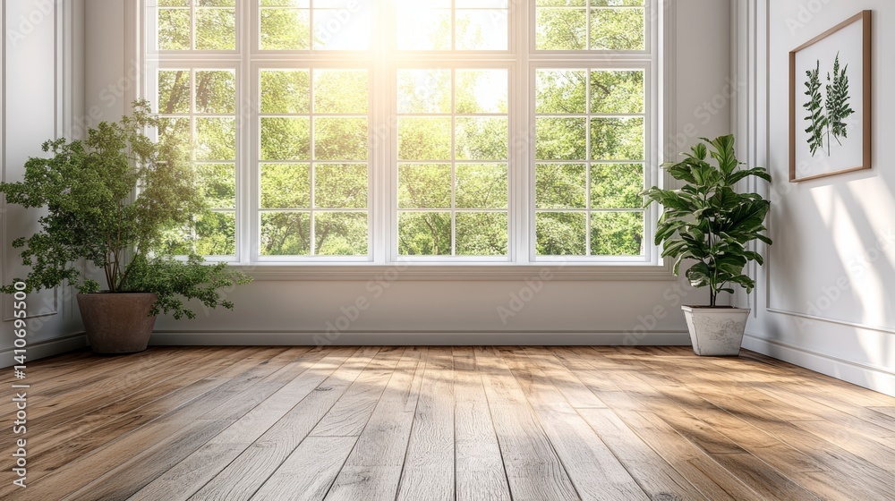 Fototapeta premium A white wall and floor are illuminated by sunlight, serving as a background backdrop banner image with a window for online presentations and zoom meetings, providing an idea for copy space
