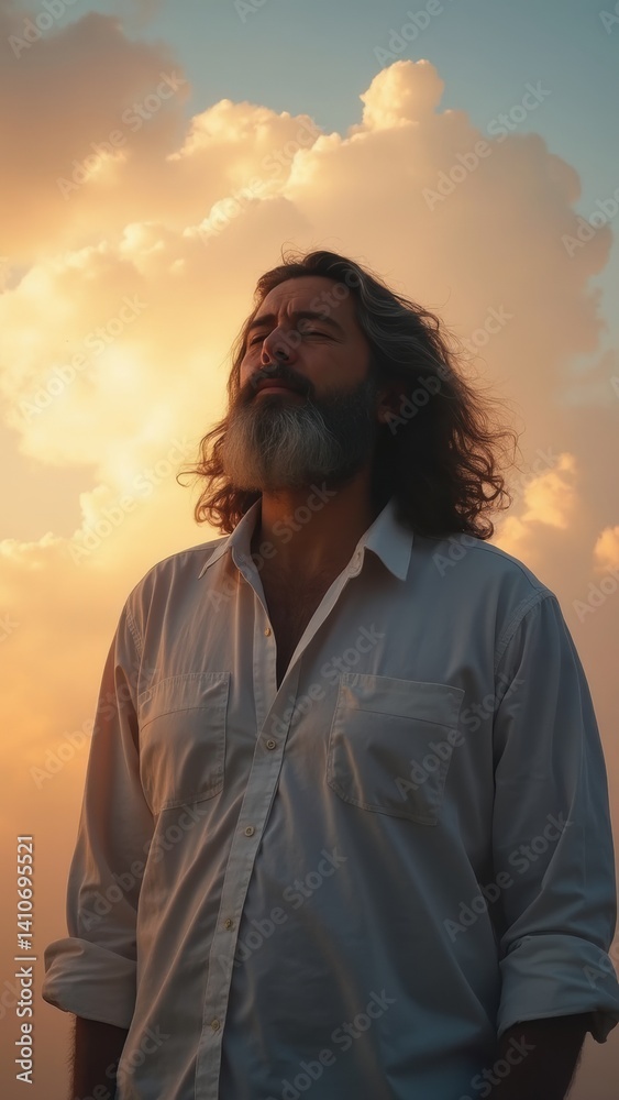 Man with a beard and long hair is standing in front of a cloudy sky. He is wearing a white shirt and he is in a contemplative mood