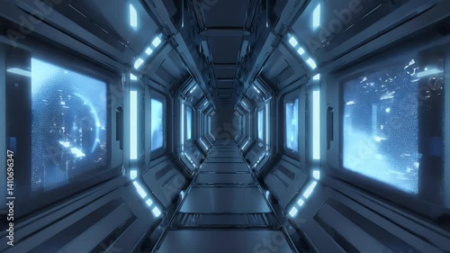 A futuristic corridor with glowing lights and digital city views through large windows.