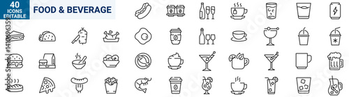 Food and beverage line web icons. Restaurant, Fast food. Burger, donut, pizza, ice cream, coffee. Editable stroke.