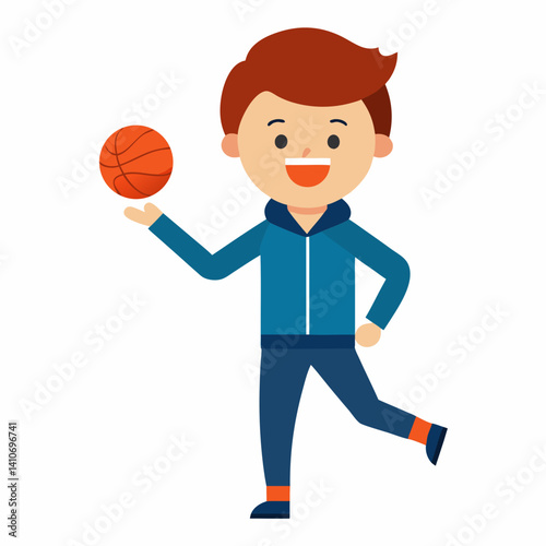 Cartoon character, young man with short brown hair, enthusiastic smile, wearing a sports tracksuit, tossing a basketball in one hand, white background