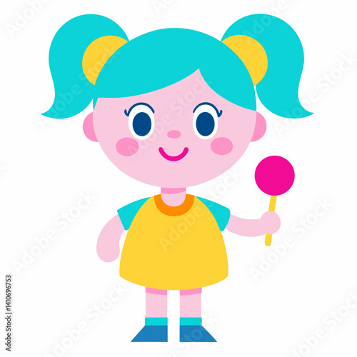 Cartoon character, young girl, puffy pink ponytails, big blue eyes, cheerful expression, wearing a yellow dress with white socks, holding a lollipop, white background