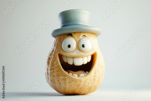 A cheerful peanut in a top hat, grinning widely with large eyes.
