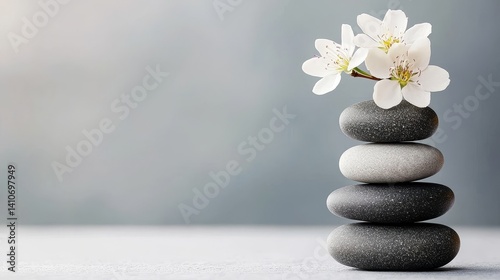 Stacked Stones and Blossoms Zen Still Life Photography, Grey Background, Close-up, Minimalist Composition Zen, Spa