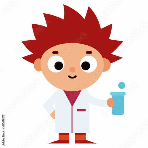 young boy, spiky maroon hair, big brown eyes, concentrating expression, wearing a white lab coat, holding a test tube, white background
