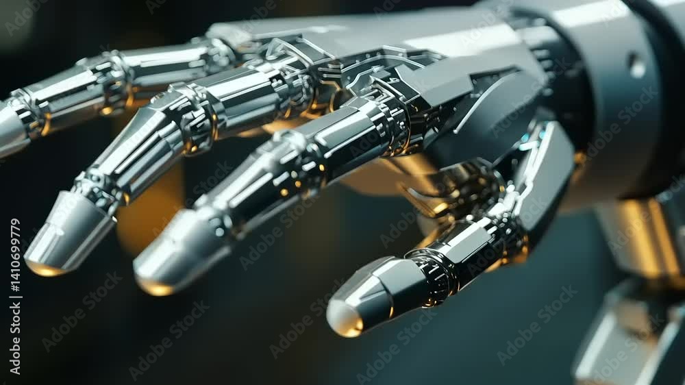 Close-up of a Futuristic Chrome Robotic Hand, Detailed Mechanical Design, High-Tech Artificial Intelligence, Cyberpunk Aesthetic Close-up of a Futuristic Chrome Robotic Hand, Detailed Mechanical Design, High-Tech Artificial Intelligence, Cyberpunk Aesthetic