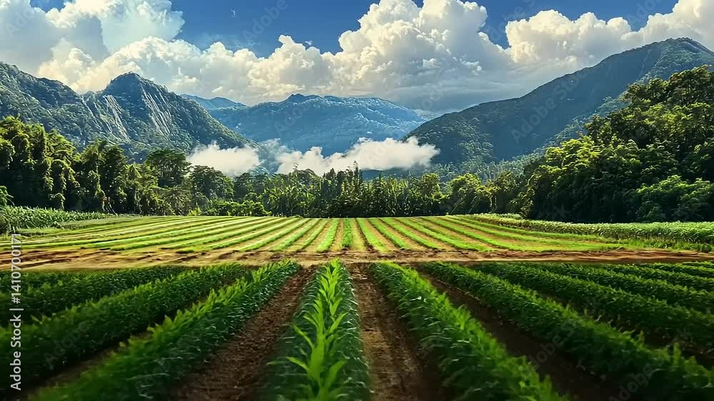 Serene Mountain Farm Landscape: Rows of Crops Against Majestic Peaks Serene Mountain Farm Landscape: Rows of Crops Against Majestic Peaks