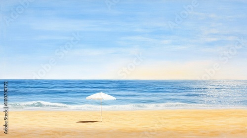 Beach umbrella on sandy shore with copy space for text