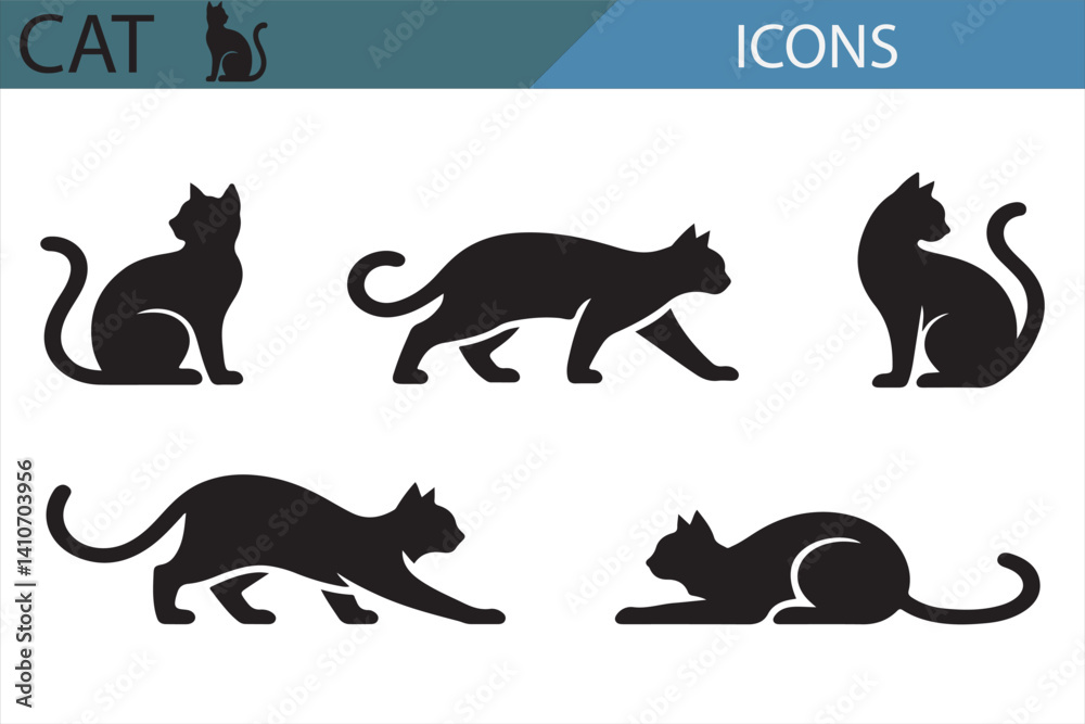 Naklejka premium Feline Silhouettes - Set of Cat Icons for Animal, Pet, and Wildlife Projects