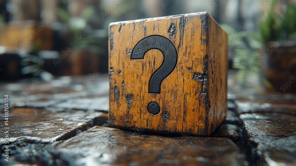 Wooden cube with engraved question mark symbol, minimalist still life representing curiosity and uncertainty
Wooden cube with engraved question mark symbol, minimalist still life representing curiosity and uncertainty