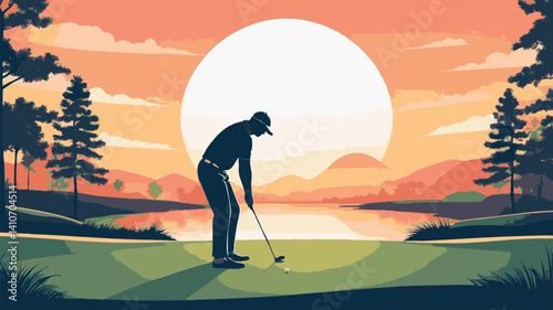 Illustration of person playing golf. Man about to hit ball on green grass near water with mountains, trees and bright sun. Evening sky with clouds visible