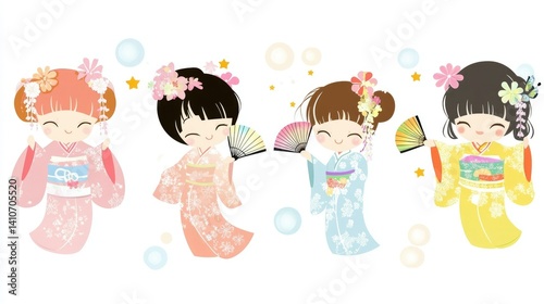 Illustration of six cartoon girls wearing colorful Japanese kimonos, perfect for use in children's designs, cultural event promotions, or festive holiday graphics.