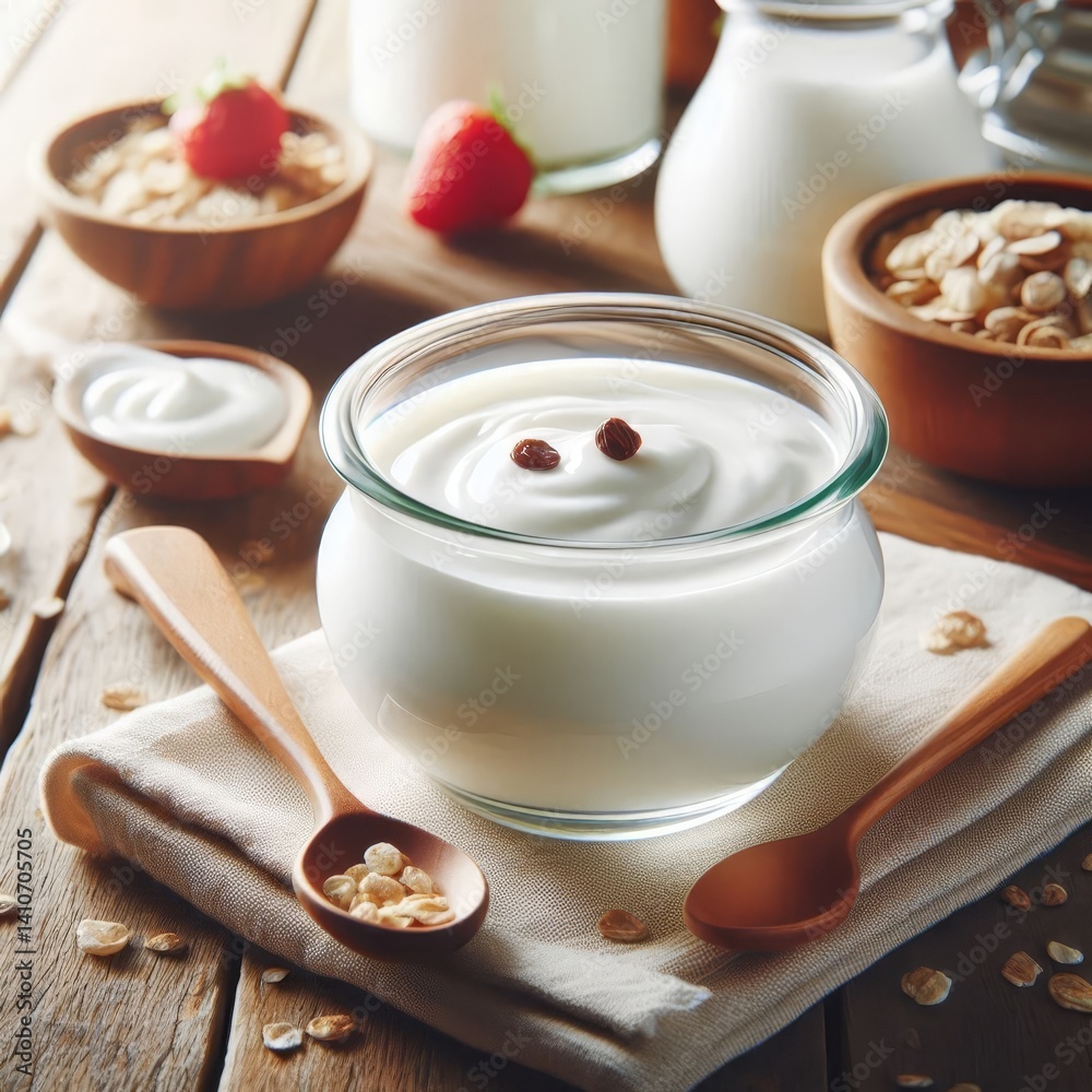 Fresh Yoghurt Breakfast, Greek Yoghurt on a Table in a Glass Bowl decorated with Fruits, Mint or Nuts - Probiotic Dairy Milk Product with High Protein - Healthy Food on a Wooden Plate Fresh Yoghurt Breakfast, Greek Yoghurt on a Table in a Glass Bowl decorated with Fruits, Mint or Nuts - Probiotic Dairy Milk Product with High Protein - Healthy Food on a Wooden Plate
