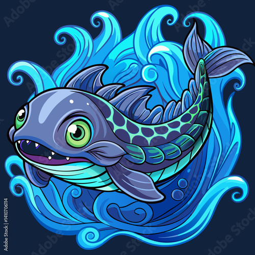 Leviathan rising from ocean depths, glowing with bioluminescent patterns in a dramatic and mystical vector illustration