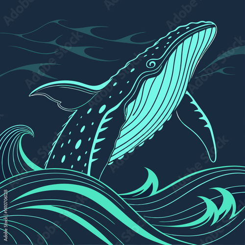 Leviathan rising from ocean depths, glowing with bioluminescent patterns in a dramatic and mystical vector illustration
