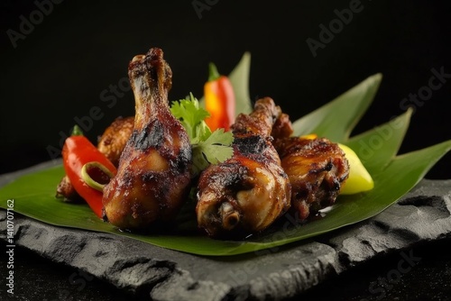 Wallpaper Mural Savory grilled chicken drumsticks garnished with fresh herbs and vibrant peppers on a tropical leaf background Torontodigital.ca