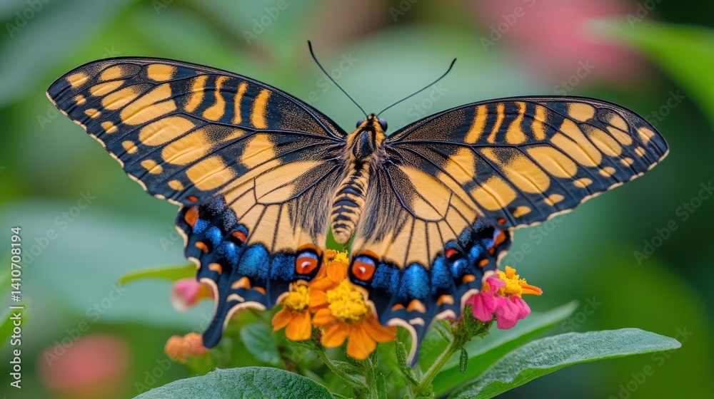 Fototapeta premium A vibrant swallowtail butterfly rests on a cluster of colorful flowers.
