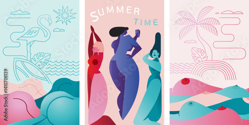 Colorful Geometric Summer Sexy Nude Beach  Music Festival and Travel Background, poster, banner. Summer time fun concept design promotion design. Vector illustration and banner