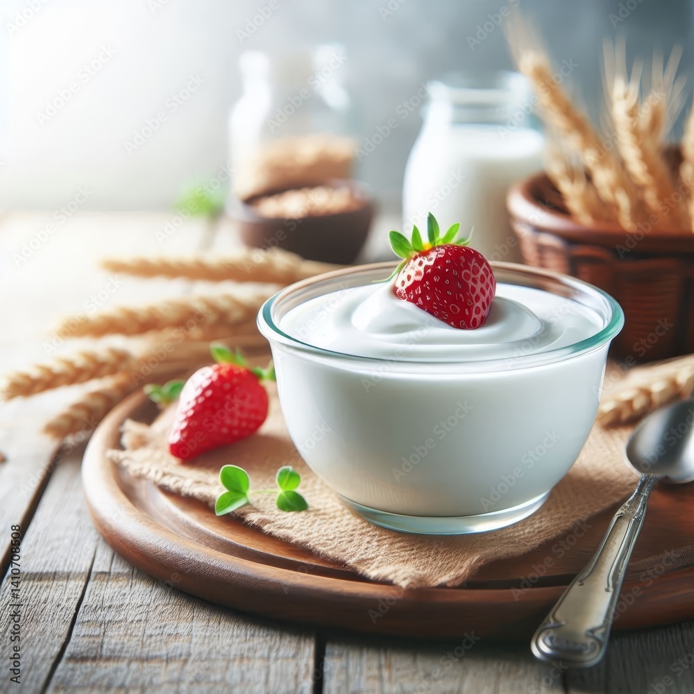Fresh Yoghurt Breakfast, Greek Yoghurt on a Table in a Glass Bowl decorated with Fruits, Mint or Nuts - Probiotic Dairy Milk Product with High Protein - Healthy Food on a Wooden Plate Fresh Yoghurt Breakfast, Greek Yoghurt on a Table in a Glass Bowl decorated with Fruits, Mint or Nuts - Probiotic Dairy Milk Product with High Protein - Healthy Food on a Wooden Plate