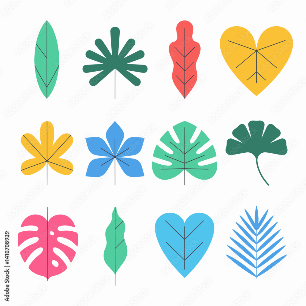 Fototapeta premium Tropical Leaf Icons in Bright Flat Modern Style