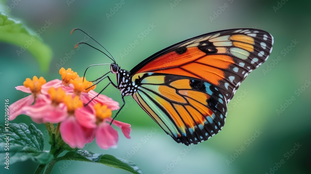 Fototapeta premium A vibrant monarch butterfly sips nectar from a cluster of pink flowers.