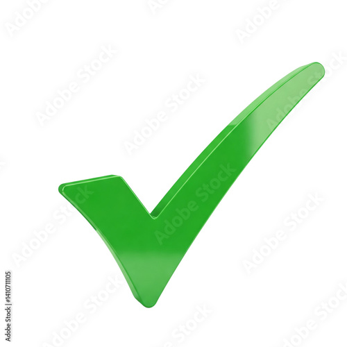 A vibrant green checkmark symbolizes success, approval, and completion with a glossy, three-dimensional design.