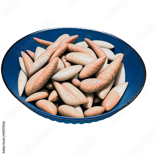 A bowl of elongated, glossy, orange and white capsule-shaped snacks in a bowl, appearing like a futuristic food concept.