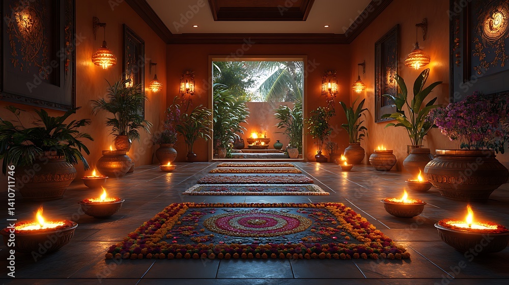 Obraz premium Candlelit Room With Floral Rug And Potted Plants Images