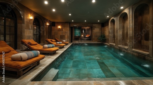 Luxurious Indoor Pool with Relaxing Loungers and Ambient Lighting