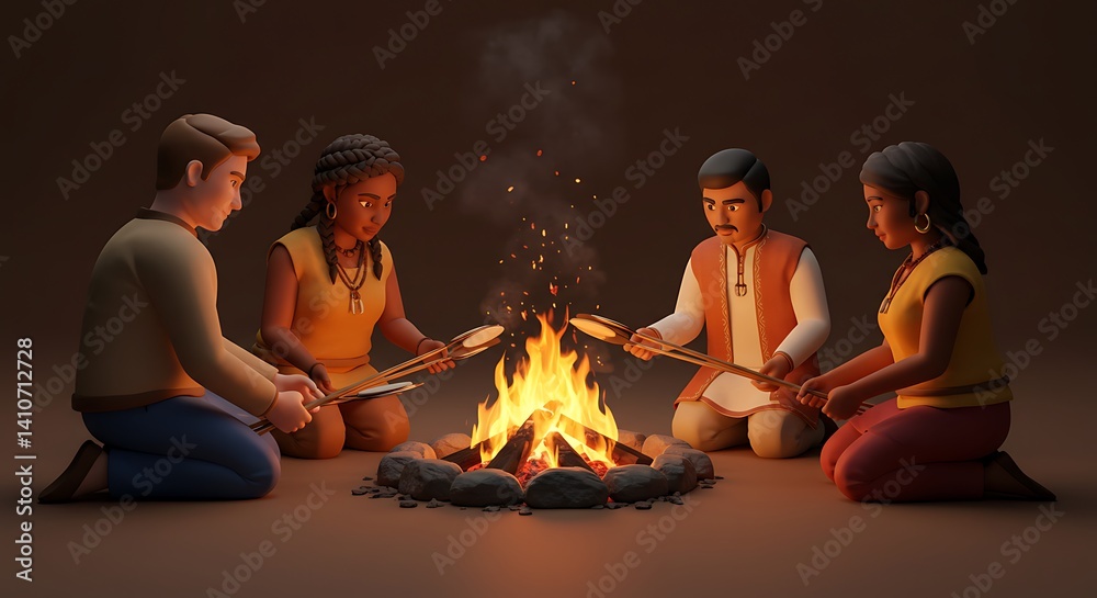Fototapeta premium People Around Campfire Cooking Together Sharing Stories at Night