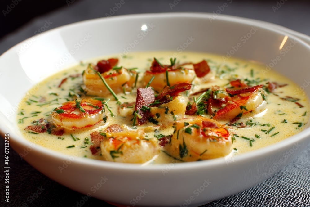A beautifully presented creamy shrimp bisque with bacon and fresh herbs in a white bowl.