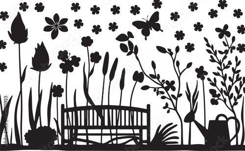 Garden Silhouette Scene,Tranquil Garden Silhouette, Floral Serenity in Black and White, Nature’s Corner: A Garden Silhouette Scene, Botanical Bliss: Garden Bench in Bloom, Whimsical Garden Dreams, Sil