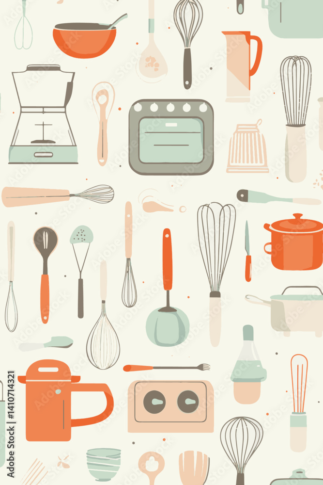 Seamless Vector Pattern of Retro Kitchen Utensils and Cooking Tools in Pastel Presentation Style Seamless Vector Pattern of Retro Kitchen Utensils and Cooking Tools in Pastel Presentation Style