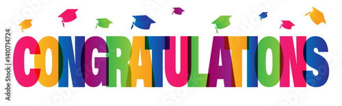 The inscription Congratulations is written in colored letters. Congratulations banner with students' hats. Vector illustration for graduation.