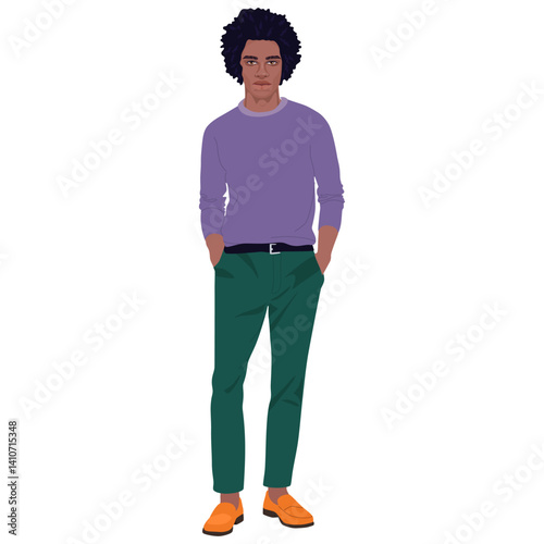 Stylish Young Man in Casual Fashionable Outfit. A modern illustration of a handsome guy with dark curly hair, wearing a mint green denim jacket, beige t-shirt, burgundy pants.