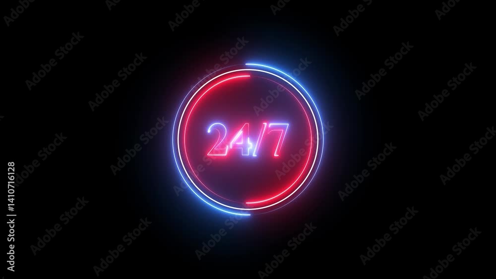 Glowing neon 24 hours a day and 7 days a week animation . Anytime commercial help desk advertisement means help any hour. neon sign 24 / 7 shows business always open and support available. Glowing neon 24 hours a day and 7 days a week animation . Anytime commercial help desk advertisement means help any hour. neon sign 24 / 7 shows business always open and support available.