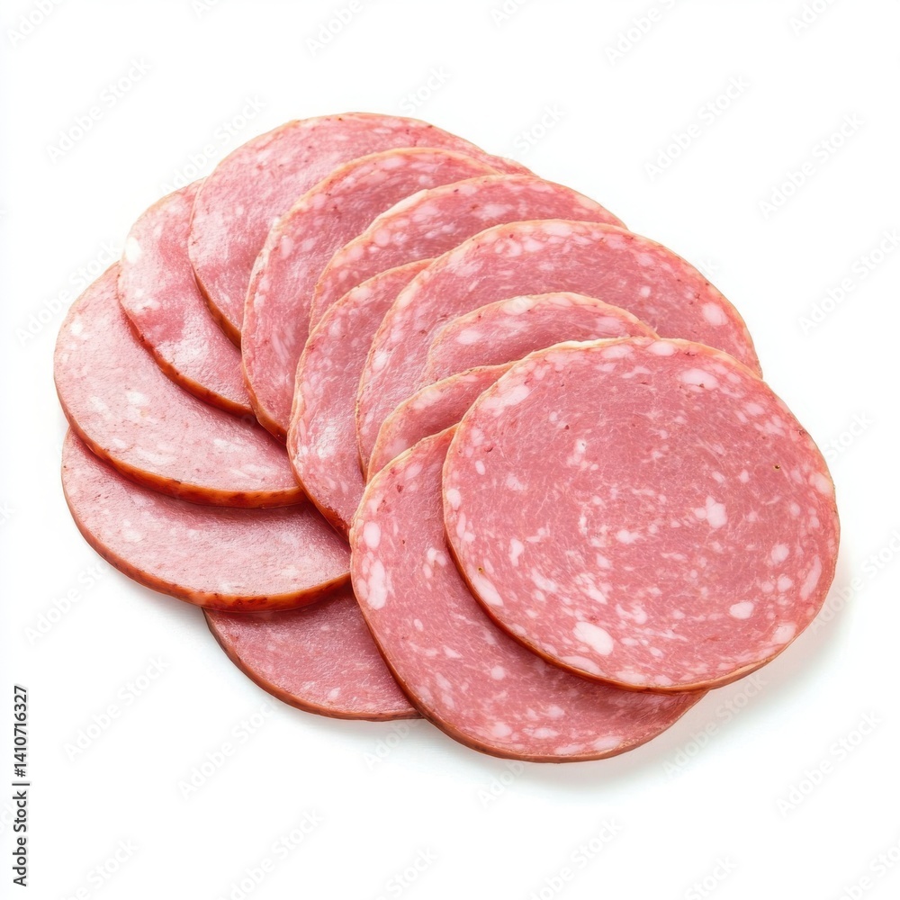 Arrangement of sliced salami pieces on a plain white surface overhead view Arrangement of sliced salami pieces on a plain white surface overhead view