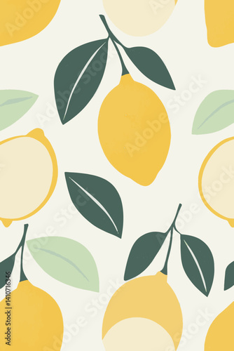 Seamless Vector Pattern of Lemons and Citrus Leaves in Retro Style for Summer Kitchen Decor